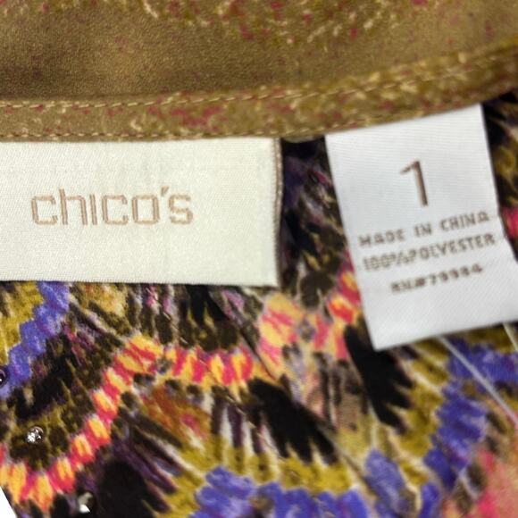 Chico's Boho Feather Print NEW Blouson beaded tunic blouse size 1/MEDIUM - Picture 6 of 13